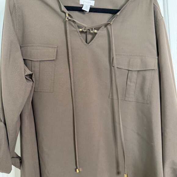 Chico's Lace Up Utility Tunic Top Roll Tab Sleeve Taupe Size 3 16 - Picture 3 of 5